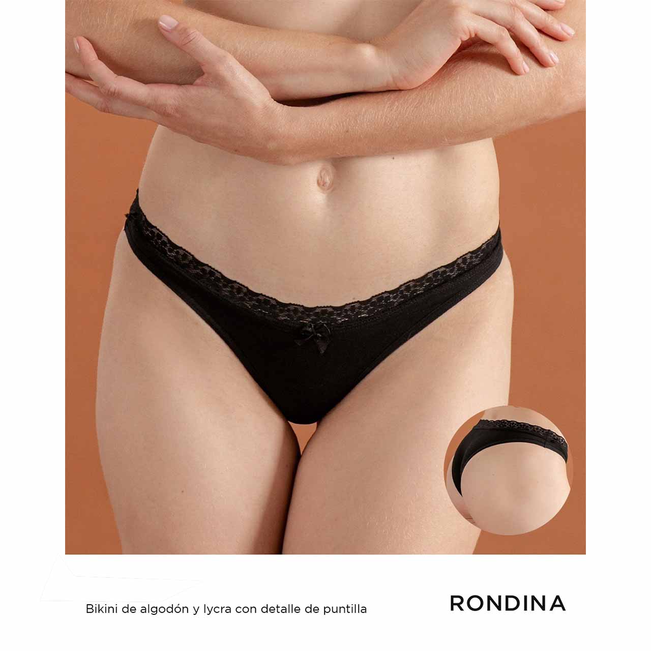 Bikini de algodón y lycra con detalle de puntilla - Negro - Talle G