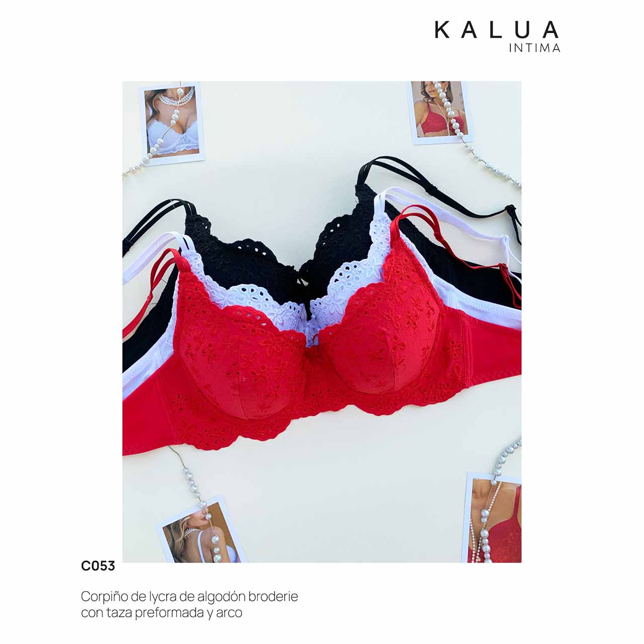 BP - C053- Corpiño de lycra de algodón y broderie con taza preformada y arco
