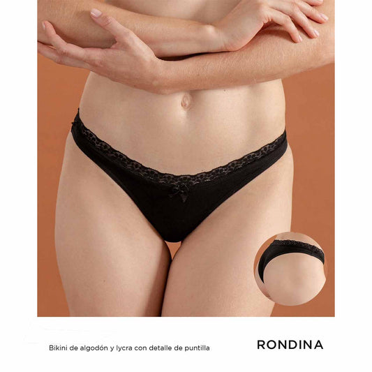 Bikini de algodón y lycra con detalle de puntilla - Negro - Talle G