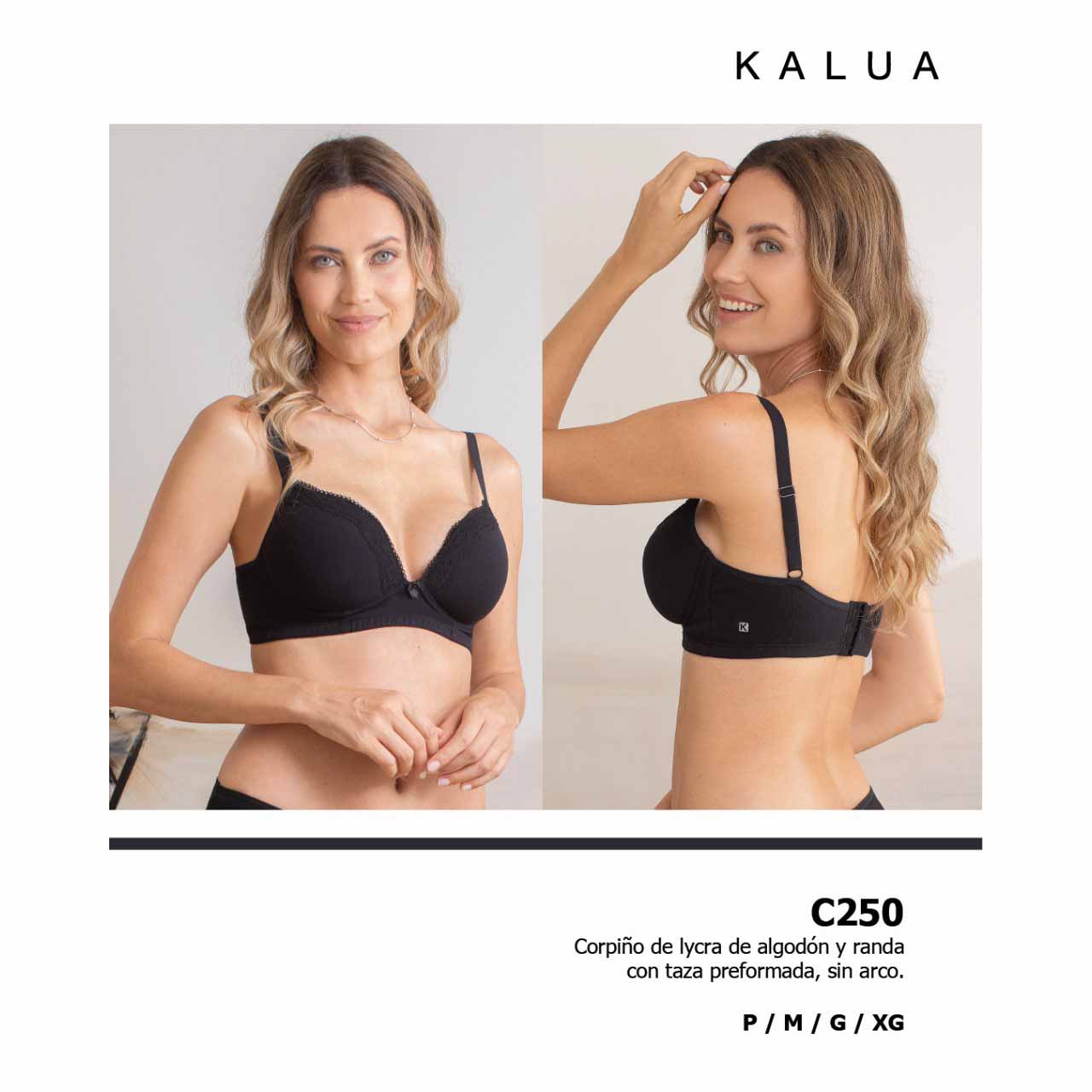 BP - C250 - Corpiño de lycra de algodón y randa con taza preformada, sin arco