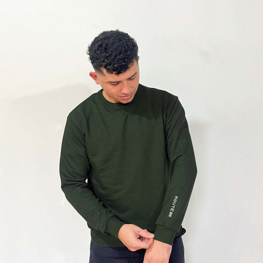 Pullover de moletón con rib para caballeros - Verde Olivo